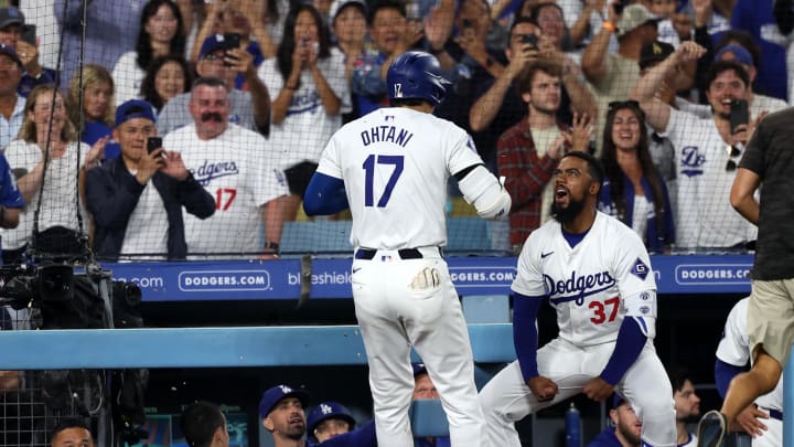 Jul 2, 2024; Los Angeles, California, USA;  Los Angeles Dodgers designated hitter Shohei Ohtani (17) is greeted by left fielder Teoscar Hernandez (37) after hitting a two-run home run during the seventh inning against the Arizona Diamondbacks at Dodger Stadium. Mandatory Credit: Kiyoshi Mio-USA TODAY Sports