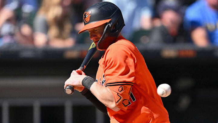May 25, 2024; Chicago, Illinois, USA;  Baltimore Orioles outfielder Austin Hays (21) backs away from an inside pitch in the ninth inning against the Chicago White Sox at Guaranteed Rate Field. Mandatory Credit: Jamie Sabau-Imagn Images