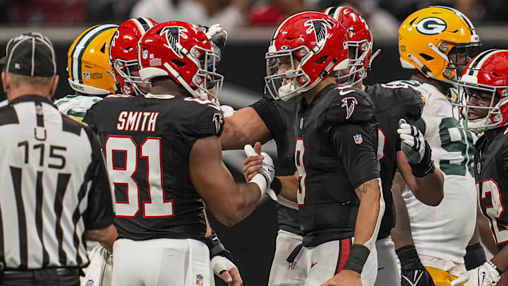Sep 17, 2023; Atlanta, Georgia, USA; Atlanta Falcons tight end Jonnu Smith (81) reacts with