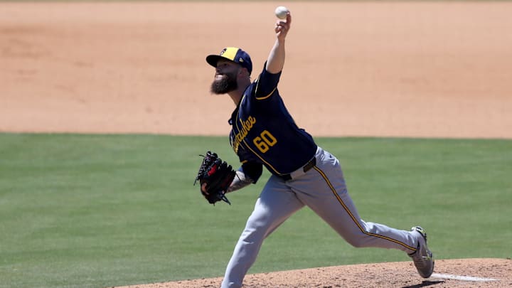 Milwaukee Brewers pitcher Dallas Keuchel (60) throws during the fifth inning against the Los Angeles Dodgers at Dodger Stadium on July 7.