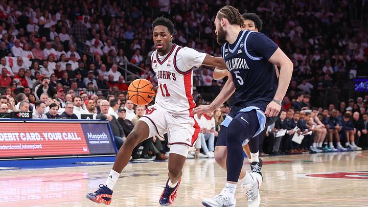 Feb 28, 2026; New York, New York, USA; St. John's Red Storm guard Ian Jackson (11) drives past Villanova Wildcats guard Devin Askew (5) in the second half at Madison Square Garden. Mandatory Credit: Wendell Cruz-Imagn Images Feb 28, 2026; New York, New York, USA; St. John's Red Storm guard Ian Jackson (11) drives past Villanova Wildcats guard Devin Askew (5) in the second half at Madison Square Garden. Mandatory Credit: Wendell Cruz-Imagn Images