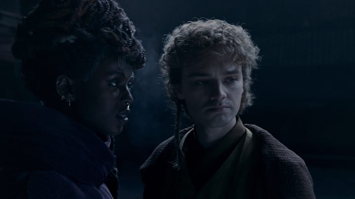 (L-R): Mother Aniseya (Jodie Turner-Smith) and Torbin (Dean-Charles Chapman) in Lucasfilm's THE ACOLYTE, season one, exclusively on Disney+. ©2024 Lucasfilm Ltd. & TM. All Rights Reserved.
