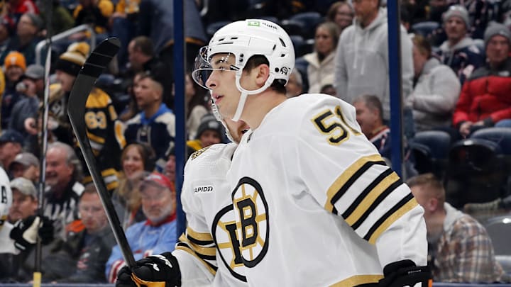 Nov 27, 2023; Columbus, Ohio, USA; Boston Bruins center Matthew Poitras (51) celebrates his goal against the Columbus Blue Jackets during the third period at Nationwide Arena. Mandatory Credit: Russell LaBounty-Imagn Images