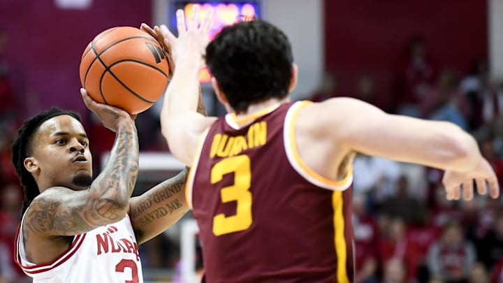 Mar 4, 2026; Bloomington, Indiana, USA; Indiana Hoosiers guard Lamar Wilkerson (3) shoots over Minnesota Golden Gophers forward Bobby Durkin (3) during the first half at Simon Skjodt Assembly Hall. Mandatory Credit: Robert Goddin-Imagn Images