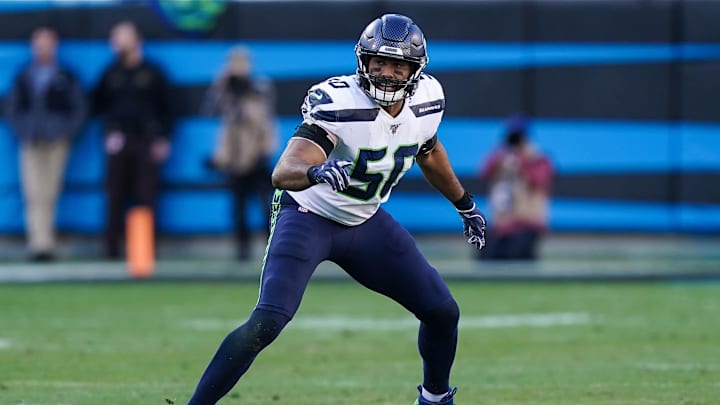 Dec 15, 2019; Charlotte, NC, USA; Seattle Seahawks outside linebacker K.J. Wright (50) responds to the Panthers offense during the second half at Bank of America Stadium. Mandatory Credit: Jim Dedmon-Imagn Images