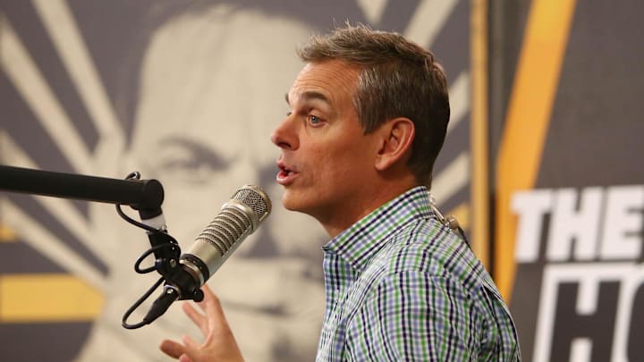 Feb 1, 2016; San Francisco, CA, USA; Radio personality Colin Cowherd broadcasts on radio row at the Moscone Center in advance of Super Bowl 50 between the Carolina Panthers and the Denver Broncos. Mandatory Credit: Jerry Lai-Imagn Images