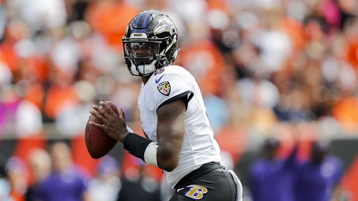 Baltimore Ravens quarterback Lamar Jackson (8) plays the field against the Cincinnati Bengals in the first half at Paycor Stadium. Mandatory Credit: Katie Stratman-Imagn Images Baltimore Ravens quarterback Lamar Jackson (8) plays the field against the Cincinnati Bengals in the first half at Paycor Stadium. Mandatory Credit: Katie Stratman-Imagn Images