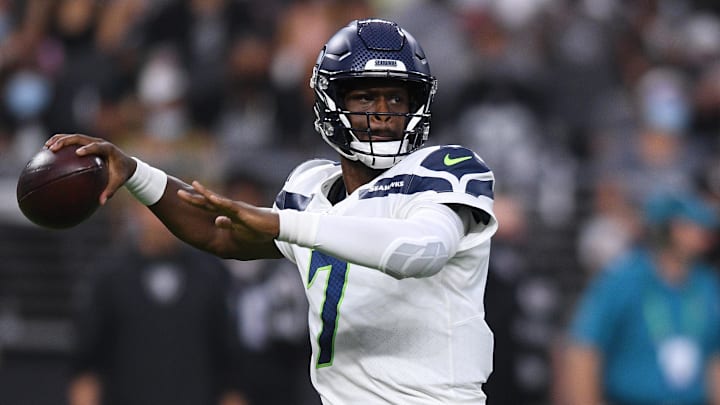 Aug 14, 2021; Paradise, Nevada, USA; Seattle Seahawks quarterback Geno Smith (7) throws a pass during the first quarter against the Las Vegas Raiders at Allegiant Stadium. Mandatory Credit: Orlando Ramirez-Imagn Images