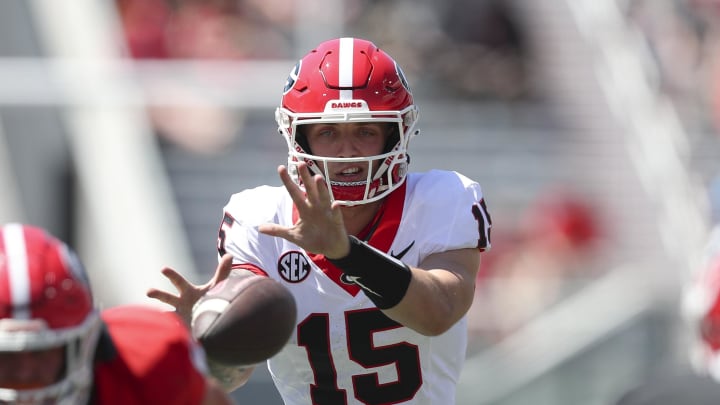 Apr 13, 2024; Athens, GA, USA; Georgia Bulldogs quarterback Carson Beck (15) takes the snap during