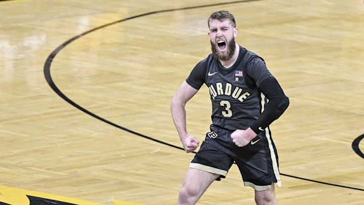 Feb 4, 2025; Iowa City, Iowa, USA; Purdue Boilermakers guard Braden Smith (3) reacts during the second half against the Iowa Hawkeyes at Carver-Hawkeye Arena. Mandatory Credit: Jeffrey Becker-Imagn Images