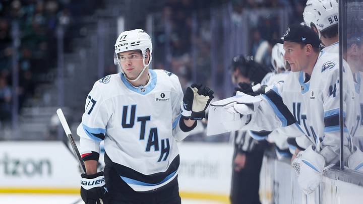 Apr 2, 2026; Seattle, Washington, USA; Utah Mammoth right wing JJ Peterka (77) celebrates a goal in the third period against the Seattle Kraken at Climate Pledge Arena. Mandatory Credit: Kevin Ng-Imagn Images