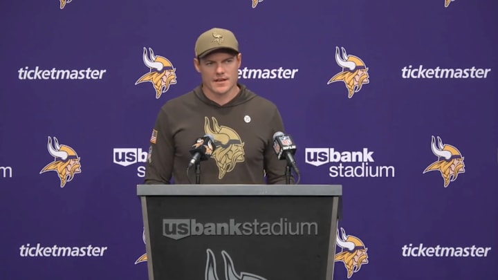 Vikings head coach Kevin O'Connell speaks to the media after Sunday's loss to the Ravens. 