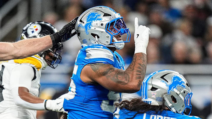 Detroit Lions linebacker Derrick Barnes (55) celebrates a tackle against Pittsburgh Steelers during the first half at Ford Field in Detroit on Sunday, Dec. 21, 2025.