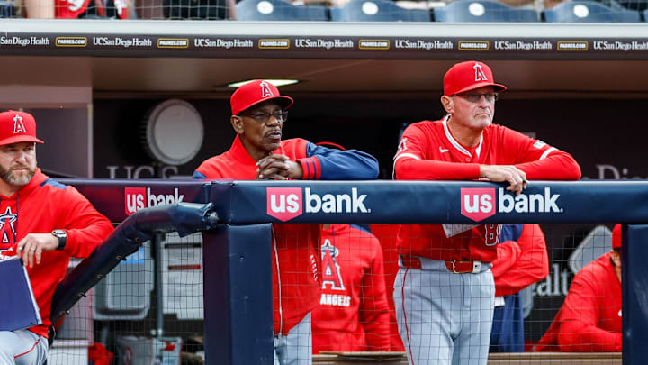 May 13, 2025; San Diego, California, USA; Los Angeles Angels manager Ron Washington (37) watches a play from the dugout during the second inning against the San Diego Padres at Petco Park. Mandatory Credit: David Frerker-Imagn Images