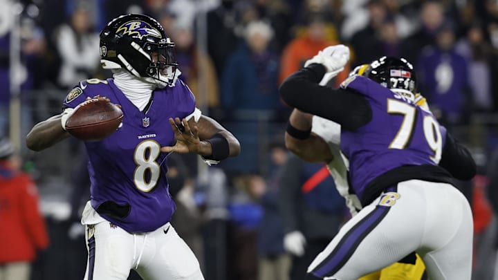 Jan 11, 2025; Baltimore, Maryland, USA; Baltimore Ravens quarterback Lamar Jackson (8) passes the ball against the Pittsburgh Steelers in an AFC wild card game at M&T Bank Stadium. Mandatory Credit: Geoff Burke-Imagn Images Jan 11, 2025; Baltimore, Maryland, USA; Baltimore Ravens quarterback Lamar Jackson (8) passes the ball against the Pittsburgh Steelers in an AFC wild card game at M&T Bank Stadium. Mandatory Credit: Geoff Burke-Imagn Images