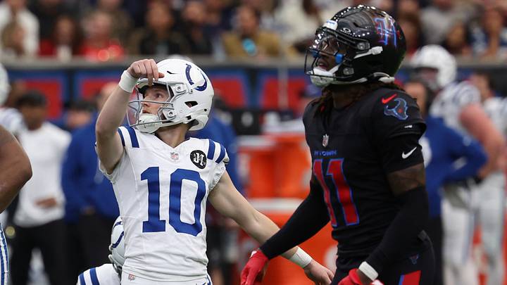 Jan 4, 2026; Houston, Texas, USA;  Indianapolis Colts place kicker Blake Grupe (10) watches his field goal against the Houston Texans during the second half at NRG Stadium. Mandatory Credit: Thomas Shea-Imagn Images