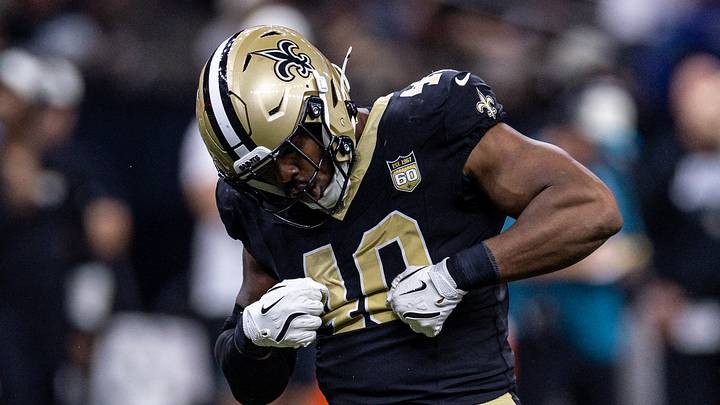 Aug 15, 2026; New Orleans, Louisiana, USA;  New Orleans Saints defensive end Fadil Diggs (40) reacts to making a sack against Jacksonville Jaguars quarterback Carter Bradley (10) during the second half at Caesars Superdome. Mandatory Credit: Stephen Lew-Imagn Images