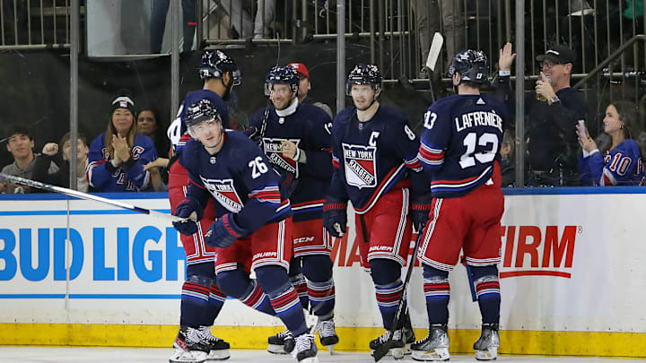 Dec 10, 2023; New York, New York, USA; New York Rangers left wing Jimmy Vesey (26) celebrates his