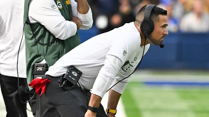 Oct 6, 2024; Inglewood, California, USA; Green Bay Packers head coach Matt LaFleur on the sidelines during the second half against the Los Angeles Rams at SoFi Stadium. Mandatory Credit: Robert Hanashiro-Imagn Images
