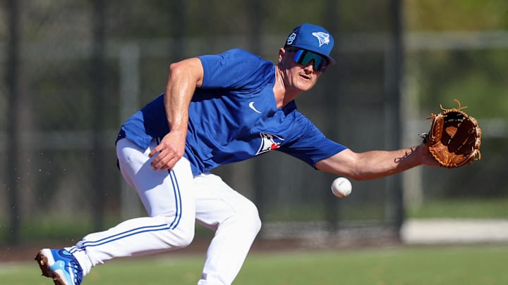 Feb 22, 2023; Dunedin, FL, USA;  Toronto Blue Jays third baseman Matt Chapman (26) participates in