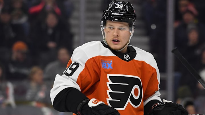 Dec 21, 2024; Philadelphia, Pennsylvania, USA; Philadelphia Flyers right wing Matvei Michkov (39) against the Columbus Blue Jackets at Wells Fargo Center. Mandatory Credit: Eric Hartline-Imagn Images