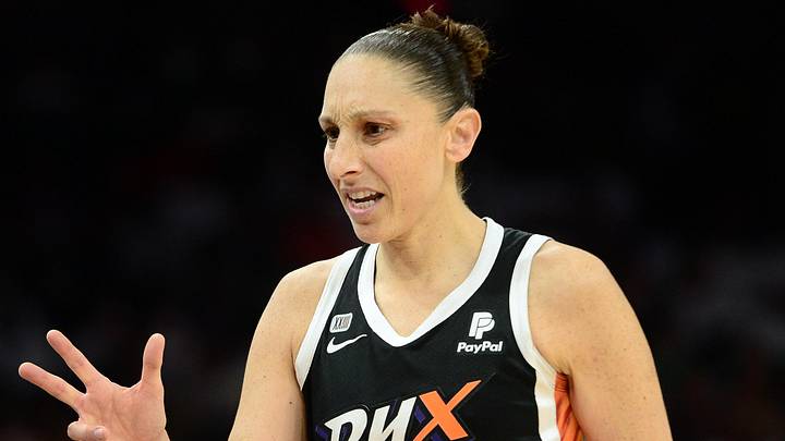 Oct 10, 2021; Phoenix, Arizona, USA; Phoenix Mercury guard Diana Taurasi (3) reacts against the Chicago Sky during the first half of game one of the 2021 WNBA Finals at Footprint Center. Mandatory Credit: Joe Camporeale-Imagn Images