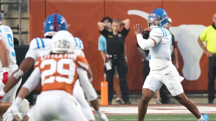 Oct 24, 2026; Austin, Texas, USA; Mississippi Rebels quarterback Trinidad Chambliss (6) throws a pass during the first quarter against the Texas Longhorns at Darrell K Royal-Texas Memorial Stadium. Mandatory Credit: Scott Wachter-Imagn Images Oct 24, 2026; Austin, Texas, USA; Mississippi Rebels quarterback Trinidad Chambliss (6) throws a pass during the first quarter against the Texas Longhorns at Darrell K Royal-Texas Memorial Stadium. Mandatory Credit: Scott Wachter-Imagn Images