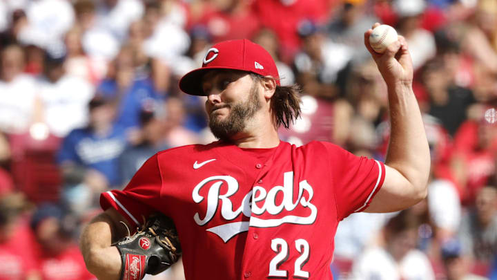 Sep 19, 2021; Cincinnati, Ohio, USA; Cincinnati Reds starting pitcher Wade Miley (22) throws a pitch against the Los Angeles Dodgers during the first inning at Great American Ball Park. Mandatory Credit: David Kohl-Imagn Images