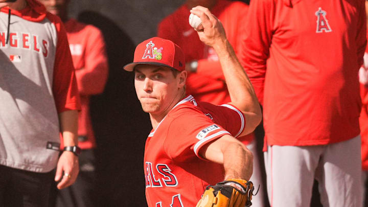 Feb 11, 2026; Tempe, AZ, USA;  Los Angeles Angels pitcher Ben Joyce during  pitchers and catchers workouts at Tempe Diablo Stadium in Tempe Arizona. Mandatory Credit: Arianna Grainey-Imagn Images