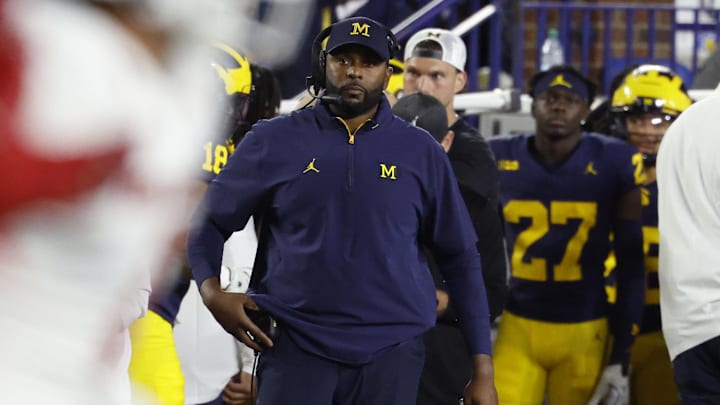 Aug 30, 2025; Ann Arbor, Michigan, USA;  Michigan Wolverines head coach Sherone Moore on the sideline in the first half against the New Mexico Lobos at Michigan Stadium. Mandatory Credit: Rick Osentoski-Imagn Images
