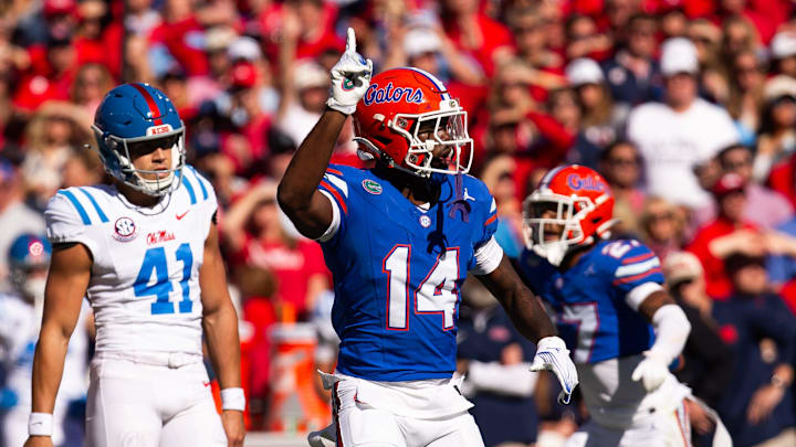 Florida Gators defensive back Jordan Castell (14) celebrates Mississippi’s missed field goal during the first half at Ben Hill Griffin Stadium in Gainesville, FL on Saturday, November 23, 2024. [Doug Engle/Gainesville Sun]