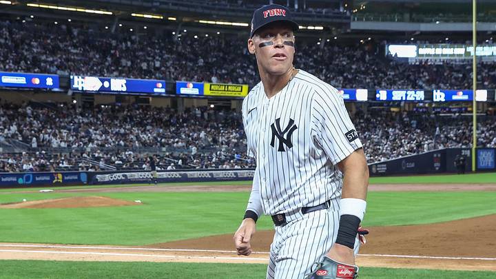 Sep 11, 2026; Bronx, New York, USA;  New York Yankees right fielder Aaron Judge (99) runs back to the dugout in the sixth inning against the New York Mets at Yankee Stadium.  Mandatory Credit: Wendell Cruz-Imagn Images