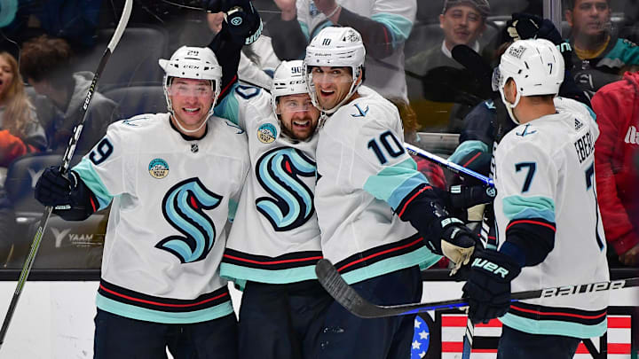 Dec 23, 2023; Anaheim, California, USA; Seattle Kraken left wing Tomas Tatar (90) celebrates his goal scored against the Anaheim Ducks during the third period at Honda Center. Mandatory Credit: Gary A. Vasquez-Imagn Images