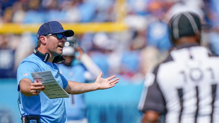 Tennessee Titans coach Brian Callahan reacts to a play against the Los Angeles Rams during the second quarter at Nissan Stadium in Nashville, Tenn., Sunday, Sept. 14, 2025. Tennessee Titans coach Brian Callahan reacts to a play against the Los Angeles Rams during the second quarter at Nissan Stadium in Nashville, Tenn., Sunday, Sept. 14, 2025.