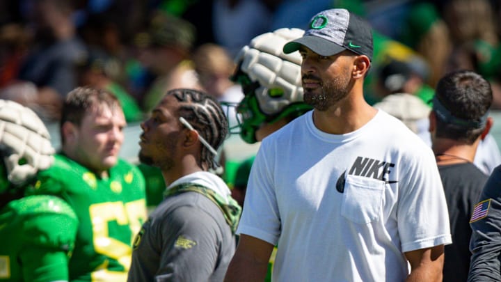 Former Oregon quarterback Marcus Mariota coaches for the Green Team as the Oregon Ducks host their annual spring game at Autzen Stadium Saturday, April 29, 2023, in Eugene, Ore.

Football Oregon Football Spring Game