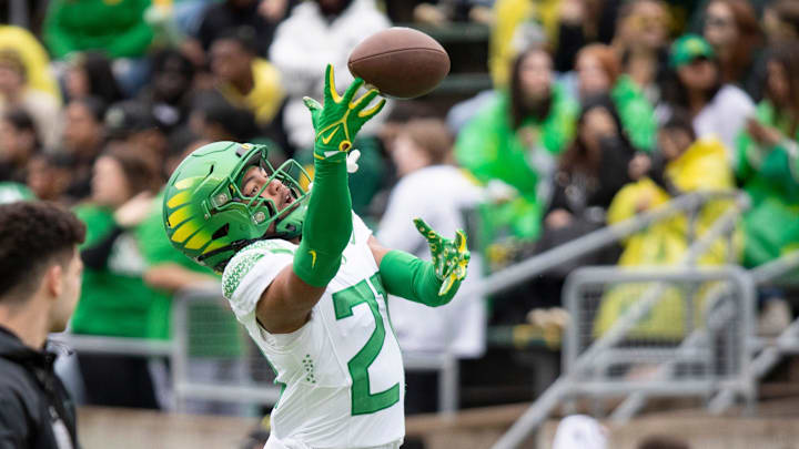Oregon defensive back Aaron Flowers goes up for a pass during warmups ahead of the Oregon Ducks’ Spring Game Saturday, April 27. 2024 at Autzen Stadium in Eugene, Ore.
