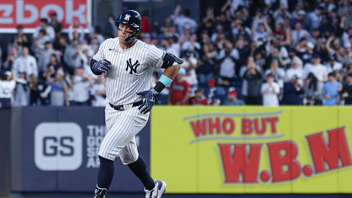 Bronx, New York, USA; New York Yankees center fielder Aaron Judge (99) runs the bases after hitting a three-run home run during the first inning against the Arizona Diamondbacks at Yankee Stadium.