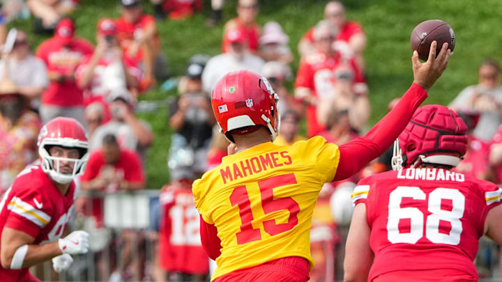 Jul 22, 2025; St. Joseph, MO, USA; Kansas City Chiefs quarterback Patrick Mahomes (15) throws a pass during training camp at Missouri Western State University. Mandatory Credit: Denny Medley-Imagn Images