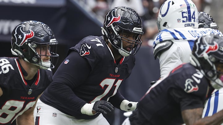 Oct 27, 2024; Houston, Texas, USA; Houston Texans offensive tackle Tytus Howard (71) in action during the game against the Indianapolis Colts at NRG Stadium. Mandatory Credit: Troy Taormina-Imagn Images