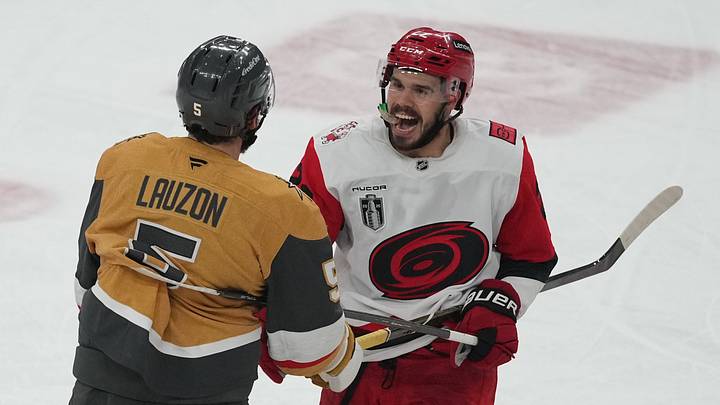 Jun 14, 2026; Las Vegas, Nevada, USA; Carolina Hurricanes center Logan Stankoven (22) reacts with Vegas Golden Knights defenseman Jeremy Lauzon (5) during the second period in game six of the 2026 Stanley Cup Final at T-Mobile Arena. Mandatory Credit: Lucas Peltier-Imagn Images Jun 14, 2026; Las Vegas, Nevada, USA; Carolina Hurricanes center Logan Stankoven (22) reacts with Vegas Golden Knights defenseman Jeremy Lauzon (5) during the second period in game six of the 2026 Stanley Cup Final at T-Mobile Arena. Mandatory Credit: Lucas Peltier-Imagn Images