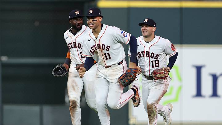 Aug 4, 2026; Houston, Texas, USA; Houston Astros left fielder Taylor Trammell (26) and right fielder Cam Smith (11) and center fielder Daulton Varsho (18) Mandatory Credit: Troy Taormina-Imagn Images Aug 4, 2026; Houston, Texas, USA; Houston Astros left fielder Taylor Trammell (26) and right fielder Cam Smith (11) and center fielder Daulton Varsho (18) Mandatory Credit: Troy Taormina-Imagn Images