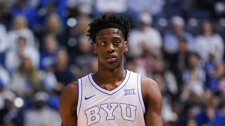 Mar 7, 2026; Provo, Utah, USA; BYU Cougars forward AJ Dybantsa (3) looks on during the first half against the Texas Tech Red Raiders at Marriott Center. Mandatory Credit: Aaron Baker-Imagn Images