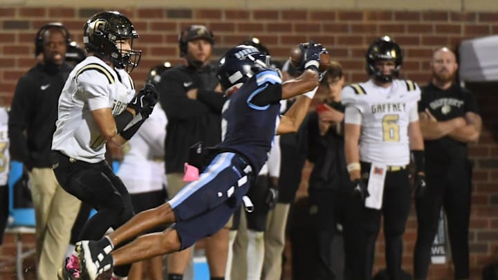 Dorman's Jabez Thomas (5) intercepts a pass Friday, Oct. 24, 2025, during the SCHSL football game against Gaffney at Dorman High School in Roebuck, South Carolina.