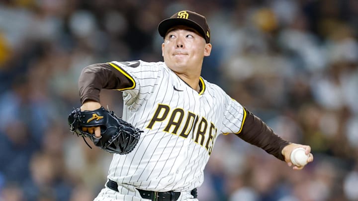 Sep 23, 2025; San Diego, California, USA; San Diego Padres relief pitcher Yuki Matsui (1) throws a pitch during the ninth inning against the Milwaukee Brewers at Petco Park. 