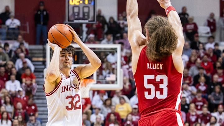 Feb 21, 2024; Bloomington, Indiana, USA; Indiana Hoosiers guard Trey Galloway (32) shoots the ball