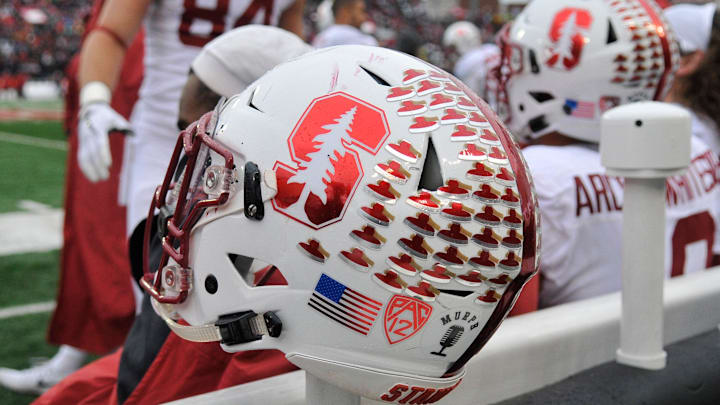 Nov 4, 2017; Pullman, WA, USA; Stanford Cardinal helmet sit on the sideline during a game against the Washington State Cougars at Martin Stadium. The Cougars won 24-21.  Mandatory Credit: James Snook-Imagn Images