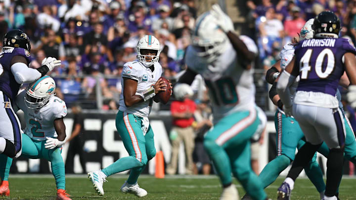 Sep 18, 2022; Baltimore, Maryland, USA;  Miami Dolphins quarterback Tua Tagovailoa (1) looks to