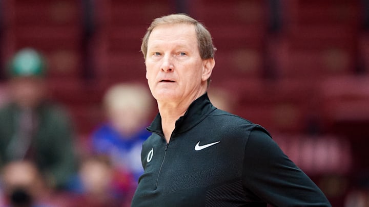 Jan 21, 2023; Stanford, California, USA; Oregon Ducks head coach Dana Altman watches play against the Stanford Cardinal during the first half at Maples Pavilion. Mandatory Credit: Robert Edwards-Imagn Images