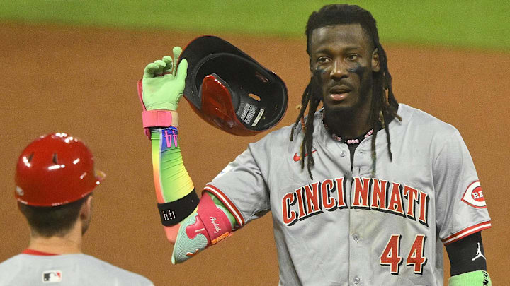 Cincinnati Reds shortstop Elly De La Cruz (44) reacts after flying out in the eighth inning against the Cleveland Guardians at Progressive Field on Sept 24.