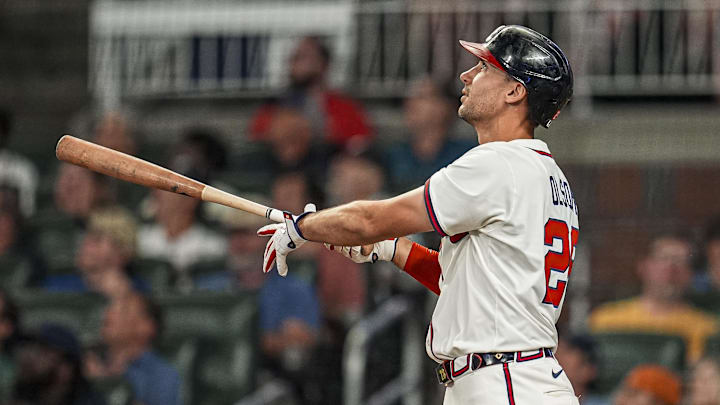 Cumberland, Georgia, USA; Atlanta Braves first baseman Matt Olson (28) hits a home run against the New York Mets during the seventh inning at Truist Park.